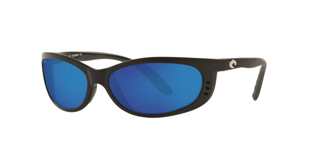 Costa Fathom Matte Black sunglasses with blue mirror 580p lenses (quarter view)