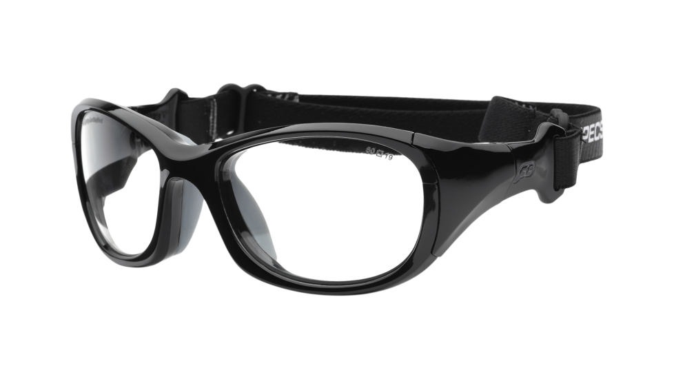 Rec Specs All Pro XL Goggle Shiny Black 60 Eyesize with clear w/ silver flash lenses (quarter view)