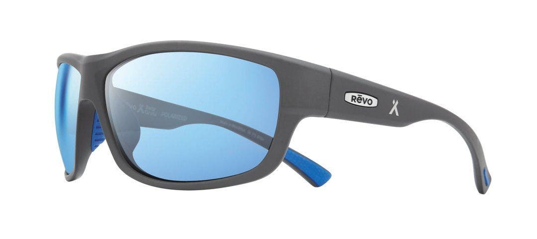 Revo Caper Matte Light Grey sunglasses with blue water lenses (quarter view)
